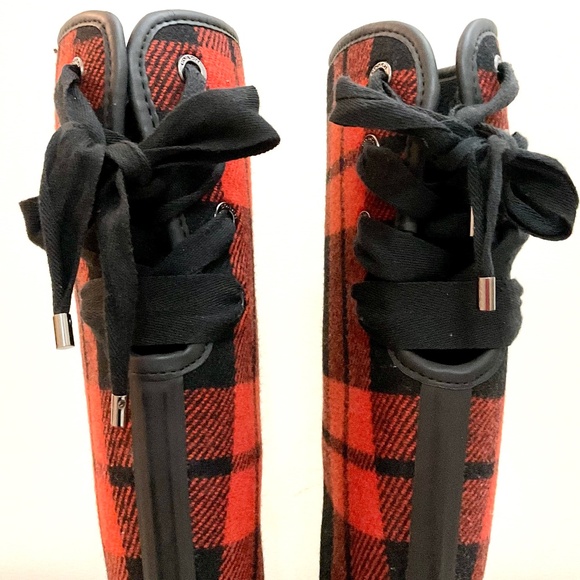 Coach Tristee Back Lace Up Fleece Lined Buffalo Plaid Rain Rubber Boots Size 10B - Picture 13 of 16